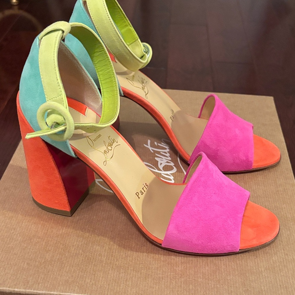 NWT Christian Louboutin Pink and Orange Block Heel Sandals